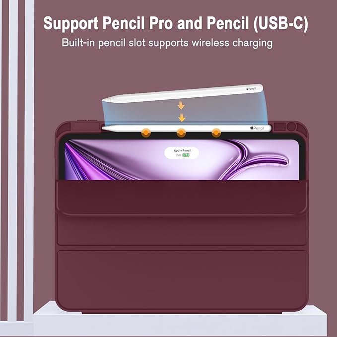 ZryXal New iPad Air 13 Inch Case M3 2025/M2 2024 with Pencil Holder, Trifold Stand Smart Case with Soft TPU Back,Auto Wake/Sleep(Wine)