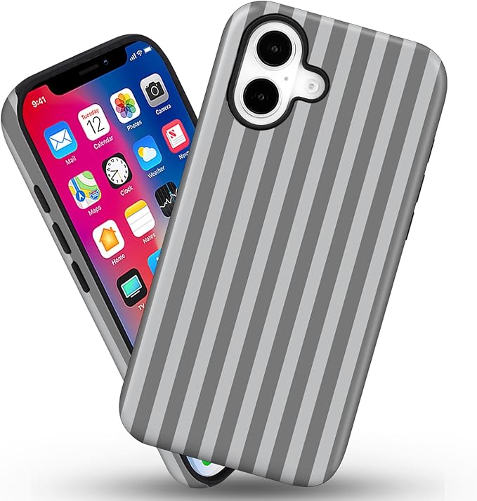 Magnetic for iPhone 17 Case Cute Stripes Phone Case, Shockproof Slim TPU and Hard PC Protective Phone Cover Compatible with MagSafe Designed for Women Girls, Gray