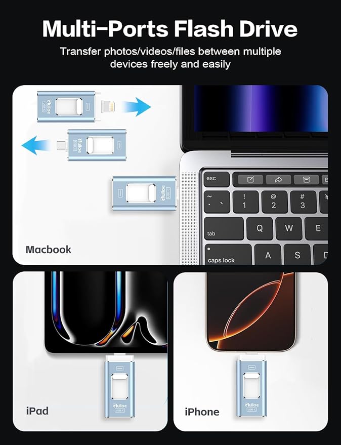 Gulloe 512GB Dual Interface Flash Drive for Phone Storage Photos Videos, Phone USB Backup External Photo Memory Stick - No App Required, Compatible with iPhone, iPad, Android & PC (Mist Blue)