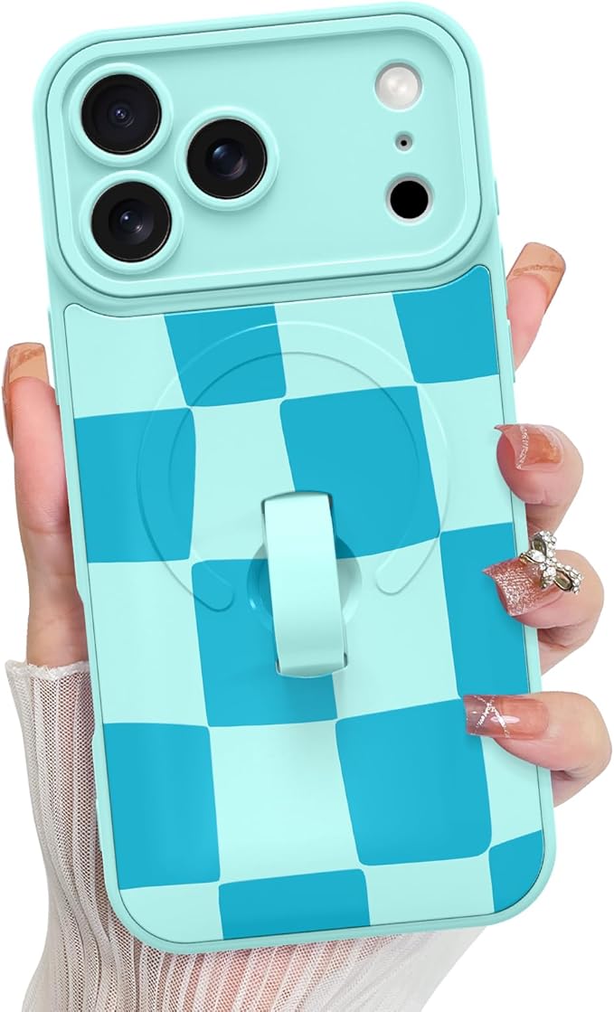 KANGHAR Compatible with iPhone 17 Pro Case, Support for MagSafe, Silicone Checkered Cute Pattern, Wristband Kickstand Camera Protection Soft Slim Cover for Girls Women -Blue