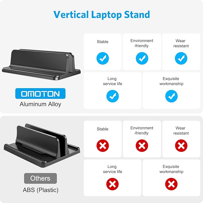 OMOTON Vertical Laptop Stand Holder, Desktop Aluminum Stand for MacBook with Adjustable Dock Size, Fits All MacBook, Surface, Chromebook and Gaming Laptops (Up to 17.3 inches),Black