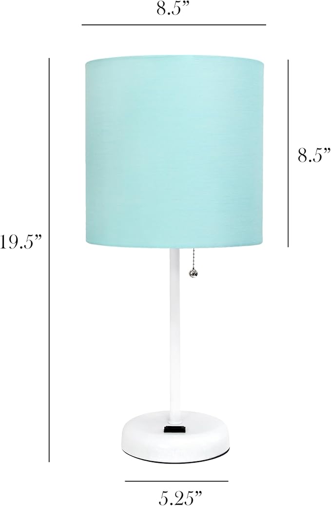 Simple Designs LT1144-AOW Sleek and Slender White Table Lamp with Charging Outlet, for Bedroom, Living Room, Entryway, Office, Dining Room, Study, Aqua Shade