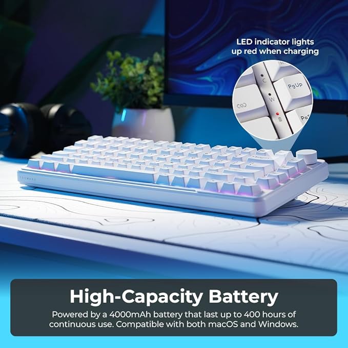 TECWARE Ghost 75% Wireless Mechanical Keyboard | RGB Gaming Keyboard with Volume Knob | Tri-Mode 2.4GHz/Bluetooth/USB-C | Gasket Mounted | Hot Swappable Pre-Lubed Linear Switches | 4000mAh | White