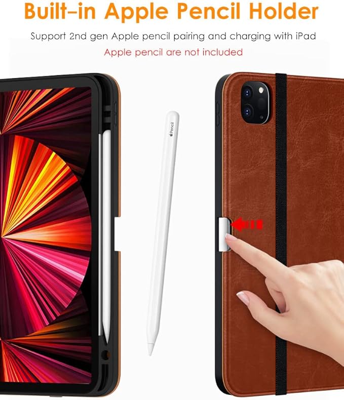DTTO Case for iPad Pro 11 Inch 4th / 3rd / 2nd / 1st Generation 2022/2021/2020/2018,Premium PU Leather Folio Stand Cover with Hand Strap, Auto Wake/Sleep,Multiple Viewing Angles, Brown
