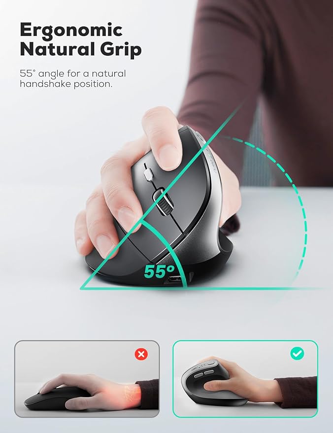 Nulea MD280 Ergonomic Vertical Wireless Mouse - Bluetooth & 2.4G Dual Mode, 4 Adjustable DPI 800/1200/1600/2400, Rechargeable, Silent Clicks, No Lag, 6 Buttons - Perfect for Laptop, Desktop Black