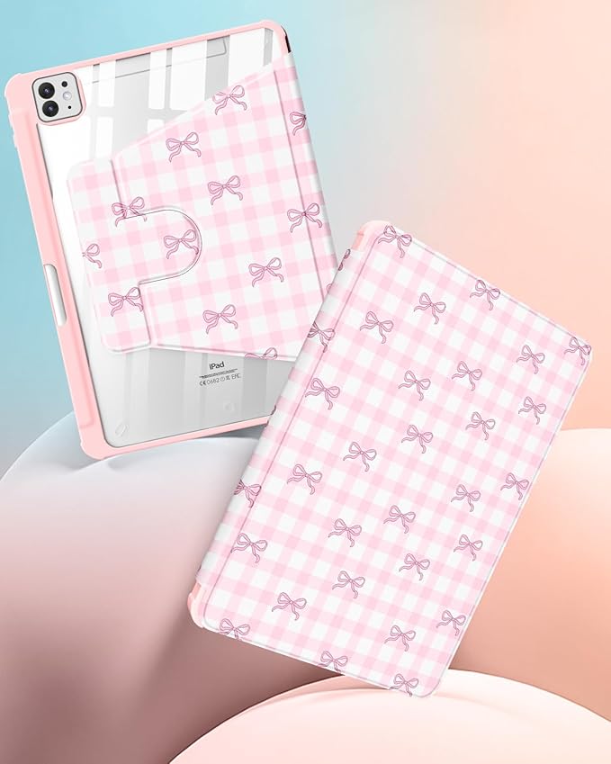 Uppuppy for iPad Pro M4/M5 Case 11 inch - 360 Degree Rotating Stand Folio Smart Cover with Pencil Holder for Women Girls, Pink Bow Checkered for iPad Pro 11 inch Case 2024 M4/2025 M5