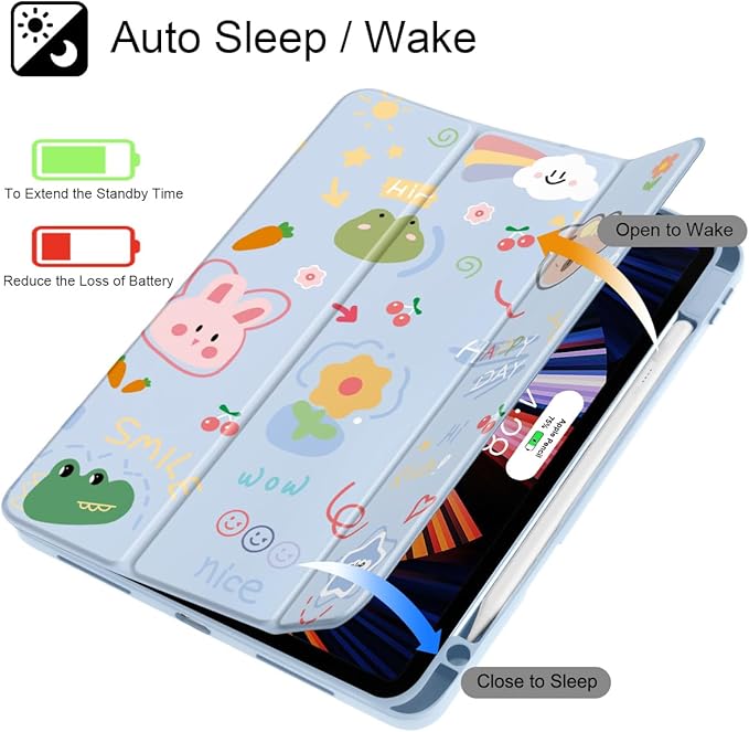 May Chen for iPad Pro 13 Inch Case M5 2025 / M4 2024, Built Pencil Holder & Clear Transparent Print Back Shell Slim Stand Shockproof Tablet Cover, Auto Wake/Sleep, Cut Stick Figure