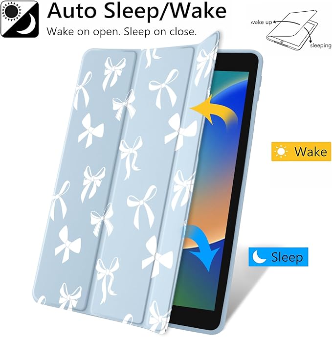 JOYLAND White Bow Pattern Case for iPad Pro 11-inch (M4) 2024 5th Generation,Clear Acrylic Hard Back Blue Case with Pencil Holder Trifold Stand Tablet Cover (Model Number:A2836/A2837/A3006)
