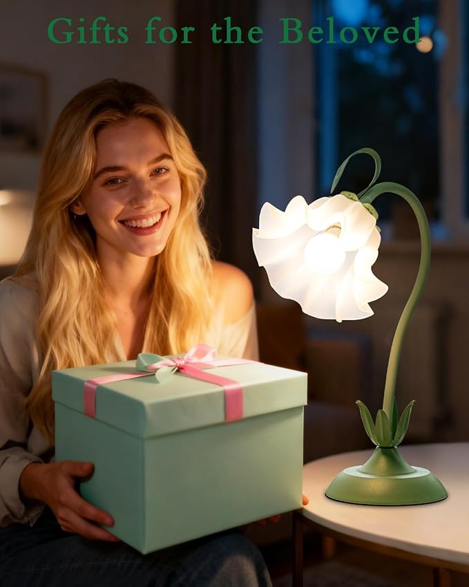 WERFOP Flower Table Lamp, LED Reading Light Vintage Bedside Table Lamp with 3 Color Modes for Nightstand, Kawaii Decoration for Home Bedroom Living Room (Green)
