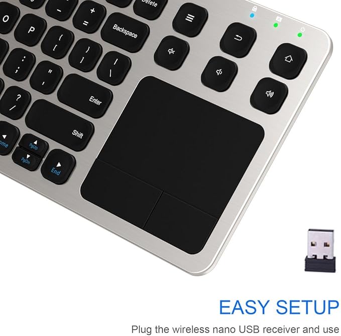 Arteck 2.4G Wireless Touch TV Keyboard with Easy Media Control and Built-in Touchpad Mouse Solid Stainless Ultra Compact Full Size Keyboard -Connected Computer, Smart TV, HTPC