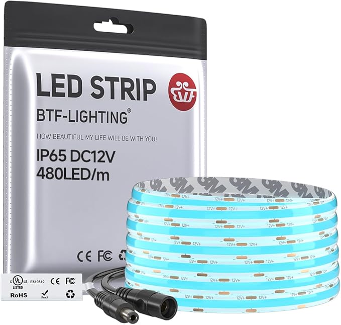 BTF-LIGHTING FCOB IP65 Waterproof Ice Blue Color COB LED Strip 16.4FT DC12V 480LED/m 8mm Width Flexible High Density CRI 90+ Dimmable LED Light for Home Indoor Decor(No Controller or Adapter)