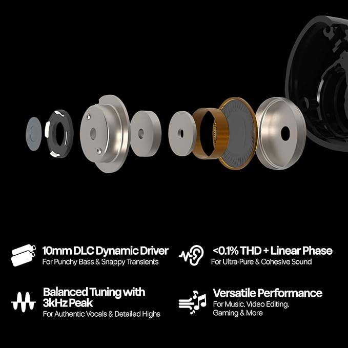 Linsoul Kiwi Ears Belle 10mm DLC Dynamic Driver in-Ear Monitor, HiFi Wired Earbuds with Dual Silver-Plated Cables, Professional IEM for Stage Performance/Gaming/Music Production (with MIC, Black)