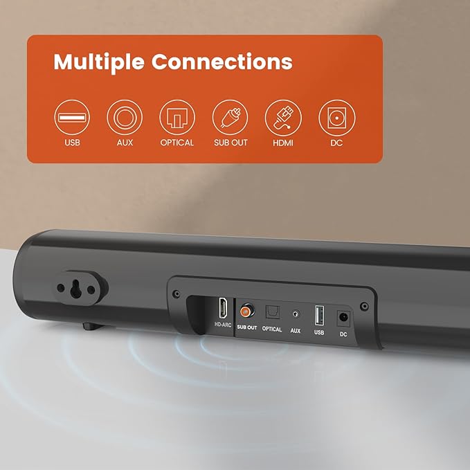 LITTOAK HDMI Sound Bar for Smart TV, Small TV Sound Bar Speakers, Optical/HDMI/Aux/Coax/USB/Bluetooth Connection for TV, PC, Projectors, Includes Remote Control, 16 inch