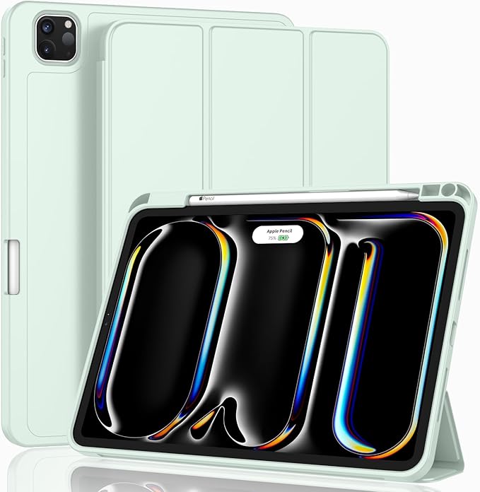 ZryXal iPad Pro 11 Inch Case (M5) 2025/ (M4) 2024 (Model: A2836/A2837/A3006), Trifold Stand Smart Cover with Pencil Holder and Soft TPU Back, Auto Wake/Sleep (Pale Green)