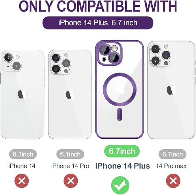 Hython Magnetic Clear for iPhone 14 Plus Case with Camera Lens Protector [Compatible with MagSafe] Luxury Plating Edge Slim Soft TPU Cover Protective Phone Case for iPhone 14 Plus 6.7", Matte Purple