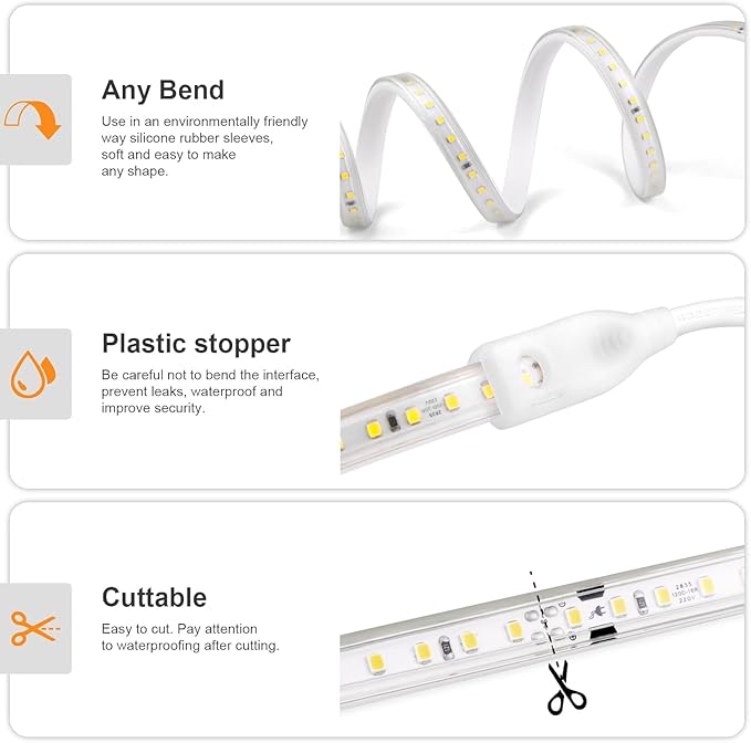 LED Strip Lights, 240 LEDs, 6500K Cool White, Waterproof Indoor & Outdoor Rope Lights for Room, Garden, Patio, Kitchen, Bedroom, Living Room, and Under Cabinet Decoration, AC 110V
