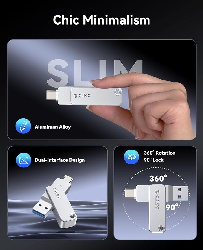 ORICO 256GB Dual USB 3.0 Flash Drive 150MB/s USB Thumb Drive Type-C and USB Type-A Metal Housing Swivel Design for Smartphones & Laptops - EB05