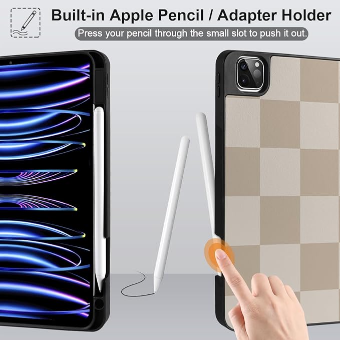 DONGKE Case for iPad Pro 12.9 inch 6th Generation 2022, Built-in Pencil Holder + Trifold Stand + Auto Wake/Sleep + Protective Cover for iPad Pro 12.9 5th/4th/3rd Gen- Beige Chessboard