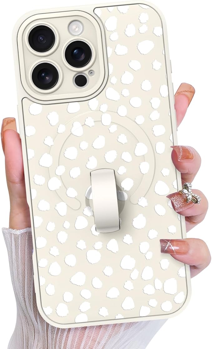 KANGHAR Compatible with iPhone 16 Pro Case, Support for MagSafe, Silicone Speck Leopard Cute Pattern, Wristband Kickstand Camera Protection Soft Slim Cover for Girls Women -White