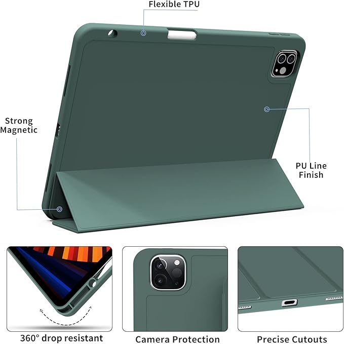 kenke Case for iPad Pro 11 Inch 4th/3rd/2nd Generation (2022/2021/2020) with Pencil Holder, Slim Trifold Smart Cover with Soft TPU Back, Support 2nd Gen Pencil Charging, Auto Sleep/Wake, Dark Green