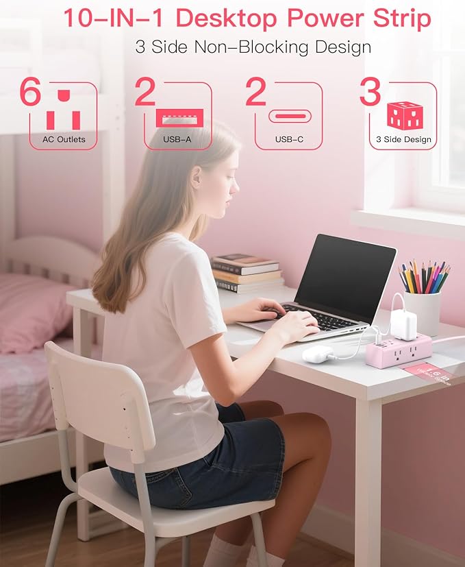 5Ft Extension Cord with Multiple Outlets, Flat Plug Power Strip Surge Protector with 5 Ft Long Cord, 6 Outlet 4 USB Ports (2 USB C), Multi Outlet Wall Plug for College, Dorm Room Essentials(Pink)