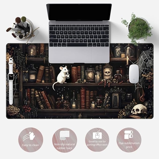 Dark Witchy Desk Mat Gaming Desk Pad Large Mouse Pad, Magician'S Fantasy Bookcase Gothic Mouse Mat XXL Laptop Keyboard Pad, Laptop Keyboard and Mouse Mat Desktop Protector Mat 31.5 X 15.7 in