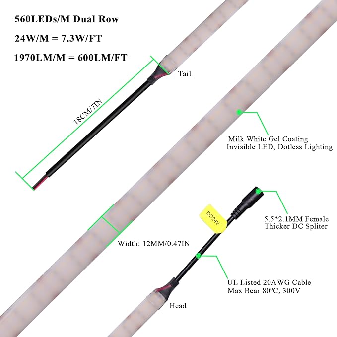 JOYLIT 24V Diffused LED Strip Lights Dual Row 16.4FT 560LEDs/M 3000K Warm White IP65 Waterproof, CE UL Professional 601LM/FT Super Bright Dotless Dimmable Adhesive LED Tape 12MM Wide 24W/M CRI 92