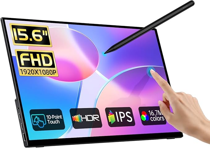 Portable Monitor Touchscreen 15.6" FHD IPS 10-Point Touch Screen, Travel Monitor with Pen & Protective Sleeve & Built-in Stand, Support Active Stylus, HDMI USB C External Screen for Mac, Laptop, PC