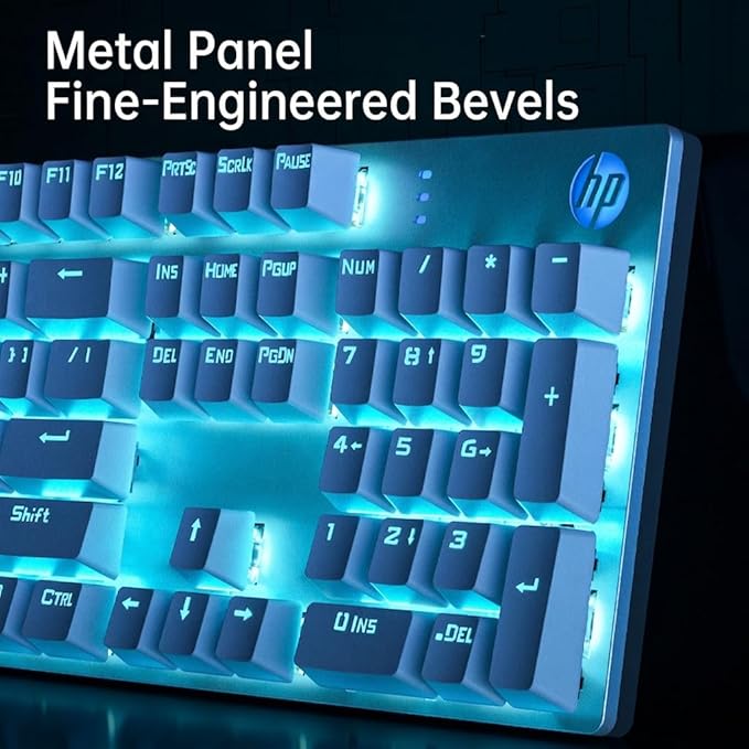 HP Wired Mechanical Keyboard GK400F, 104 Keys Full Size USB Keyboard, Brown Switches, Ice Blue LED Backlit, Anti-Ghosting, Silver & White Keycaps, HP Keyboard for PC Gaming and Office
