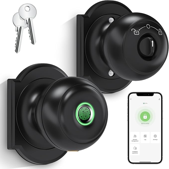 GeekTale Fingerprint Door Lock for Bedrooms, Fingerprint Door Knob with Lock, Smart Door Lock, App Control, Back-up Keys, Thumbprint Door Knob for Bedrooms, Office, Apartment