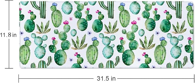 Large Gaming Mouse Pad with Stitched Edges, Desk Pad Extended Keyboard Mat, Non-Slip Rubber Base Mousepads for Laptop, Office, Home, 31.5X11.8 inch Watercolor Cactus and Flowers
