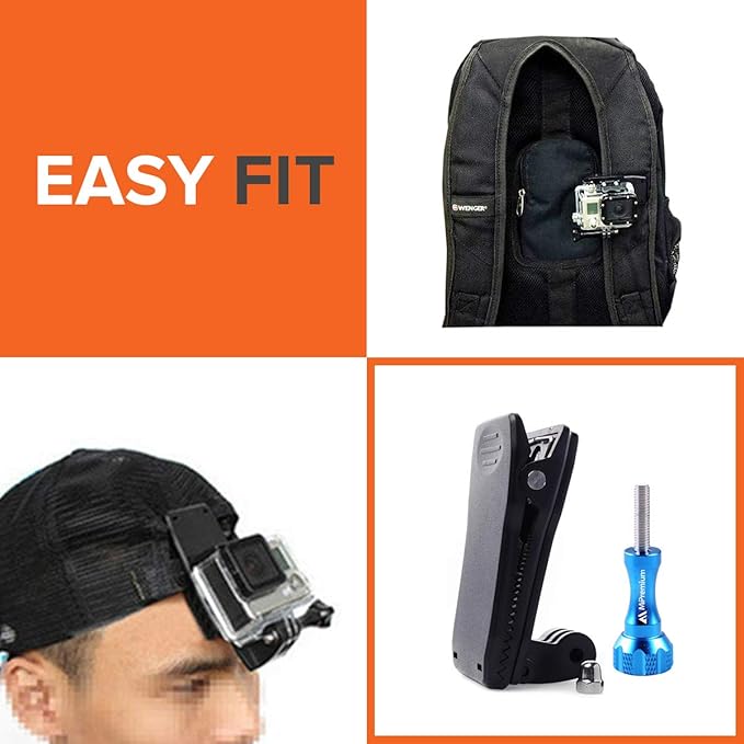 MiPremium Backpack Strap Clip Mount for GoPro Hero 13 12 11 10 9 8 7 6 5 4 3+ Session Black Silver XIAOYI 4K SJCAM Yi Sports Action Camera Perfect Shoulder and Hat Quick Release Clamp Body Cam Holder