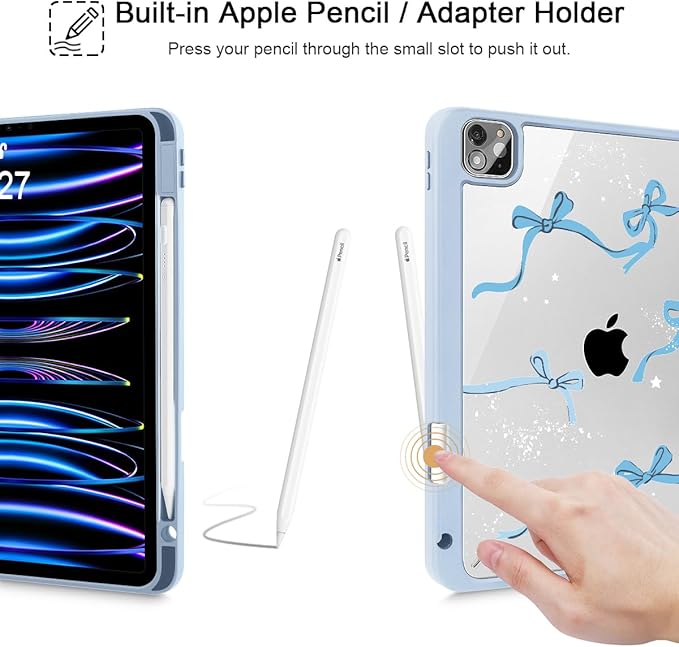 Tuiklol for iPad Pro 11 Inch 4th / 3rd / 2nd / 1st Gen (2022 2021 2020 2018) Case -Built-in Pencil Holder Shockproof Cover Clear Transparent Back Shell with Auto Wake/Sleep, Bow-Blue