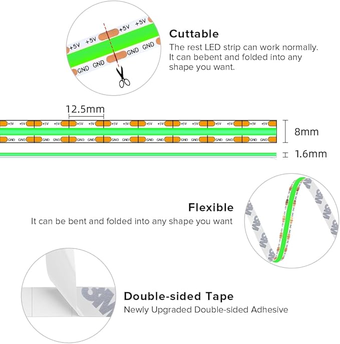 BTF-LIGHTING FCOB COB FOB LED Strip Lights 5V USB Powered 6.56FT 640LEDs Green Color 8mm Width Dimmable CRI 90+ with 3M Tape Flexible High Density for 3D Printer TV Backlight PC DIY Decor