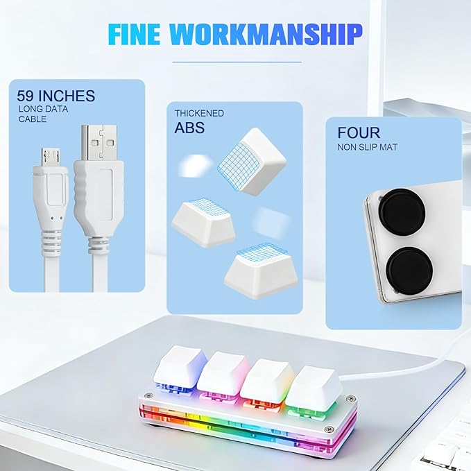 aikeec White Mini 4-Key Keypad Mechanical Gaming Keyboard, Self Programming,OSU Hot Swap Game Keyboards with 1.5m USB-C Data Cable（Upgrade Cherry Shaft &RGB LED）