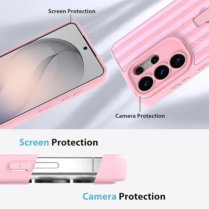 KANGHAR Compatible with Samsung Galaxy S26 Ultra Case, Support for MagSafe, Silicone Stripes Cute Pattern, Wristband Kickstand Camera Protection Soft Slim Cover for Girls Women -Pink