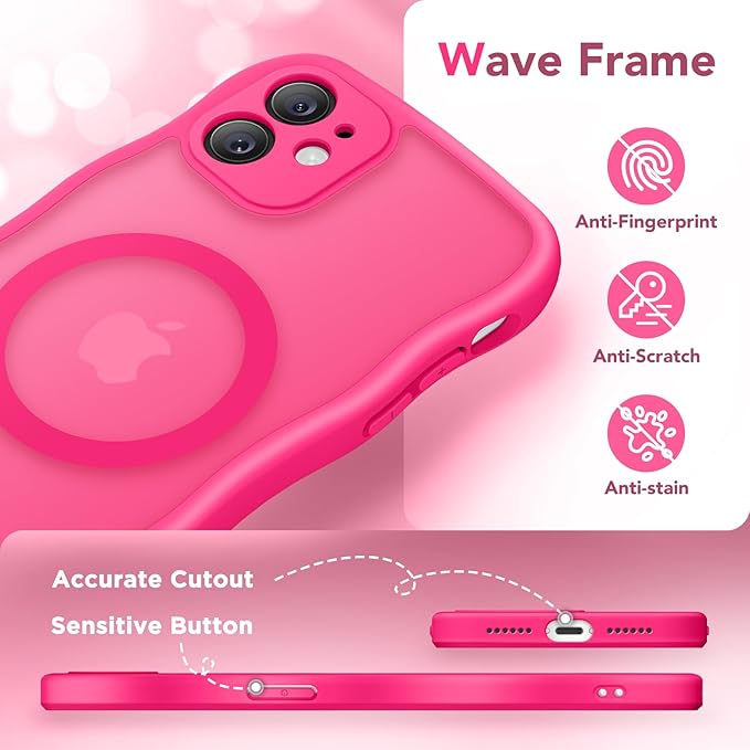 CAPRARO Cute for iPhone 11 Case, Compatible with MagSafe, [Curly Wave Edge] [Full Camera Protection] [14 FT Drop Protection] Magnetic Phone Case for 11 6.1 Inch, Hot Pink
