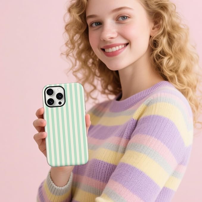 Magnetic for iPhone 17 Pro Case Cute Stripes Phone Case, Shockproof Slim TPU and Hard PC Protective Phone Cover Compatible with MagSafe Designed for Women Girls, Light Green