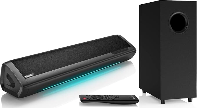Saiyin Sound Bars for TV with Subwoofer, 2.1 Deep Bass Small Soundbar Monitor Speaker Home Theater Surround System PC Gaming Bluetooth/AUX/Optical Connection, Wall Mountable 17-inch