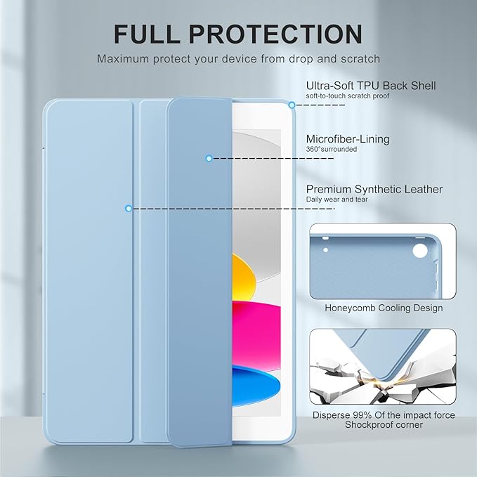 Smart Case for iPad 10.2 Inch 2021/2020/2019, for iPad 9th/8th/7th Generation Without Pencil Holder, Shockproof Cover with Soft TPU Back, Thin& Lightweight, Auto Sleep/Wake, Sky Blue