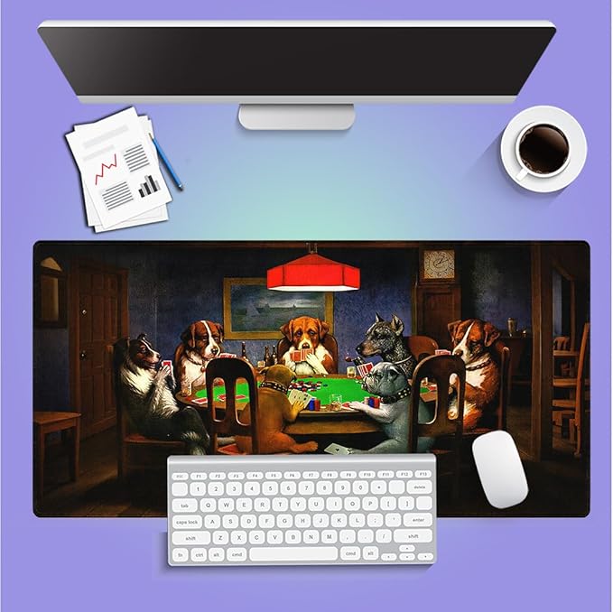 Large Gaming Mouse Pad (31.5" x 15.8") - Dogs Playing Poker Oil Painting Art Funny Cute Pets Joking Games Artwork, Extra XXL Extended Office Accessories, Premium Stitched Anti-Slip Desk Mat