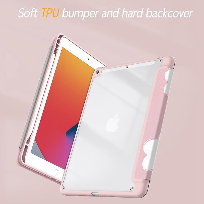 Case for iPad 9th / 8th / 7th Generation (2021/2020/2019) 10.2 inch, Case with Pencil Holder, Stand Clear Back Cover Cute Cool Design for Women Girls, Auto Sleep/Wake, Pink White Flower