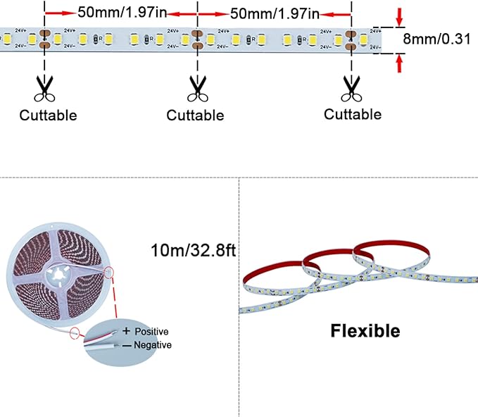 24V 32.8ft(10M) LED Strip Light Warm White 3000K 1200LEDs 2835 SMD 90W High Brightness 7200LM No-Waterproof IP20 Flexible Ribbon for Kitchen Backyard Hallways Stairs Decoration(No Power Supply)