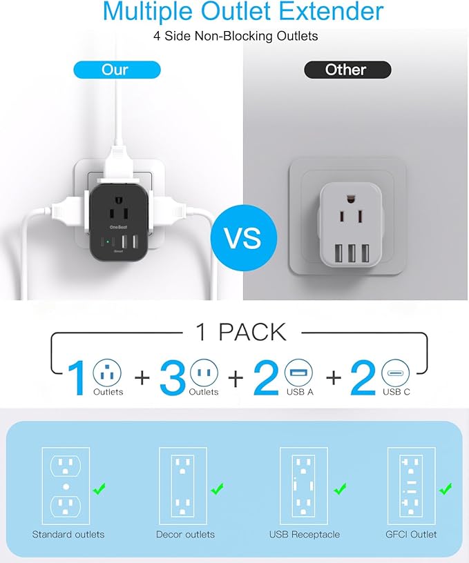 Travel Cruise Ship Essentials, Multi Plug Wall Outlet Extender with 4 Outlets 4 USB (2 USB-C), Cruise Approved Power Strip Non Surge Protector, USB Wall Charger, Small USB Outlet Plug Adapter, Black