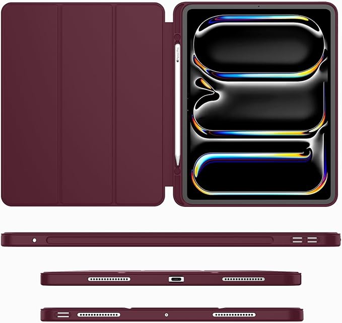 iMieet Case for iPad Pro 11 Inch (M5) 2025 /(M4) 2024 5th Gen, Trifold Stand Smart Cover with Pencil Holder and Soft TPU Back, Auto Wake/Sleep (Wine)
