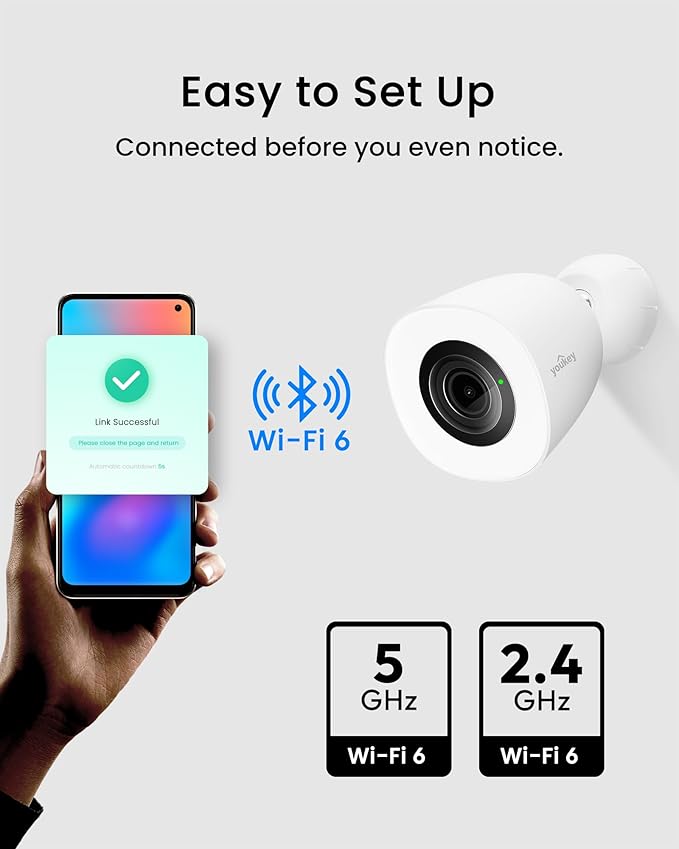 youkey 4K Plug-in Security Camera Outdoor, F1.0 Color24 Night Vision, Plug-in Cameras for Home Security Outside, 24/7 Continuous Recording, 130°FOV, 2.4/5GHz WiFi 6, Bluetooth Pairing, No Monthly Fees