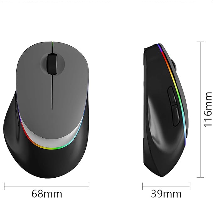 Ergonomic Vertical Mouse Wireless Bluetooth Rechargeable Silent Portable Ergo Mice with RGB LED Light & 2.4G USB Receiver, for PC Laptop Tablet Computer, Office Home, Adult Student Kids Gift-Grey