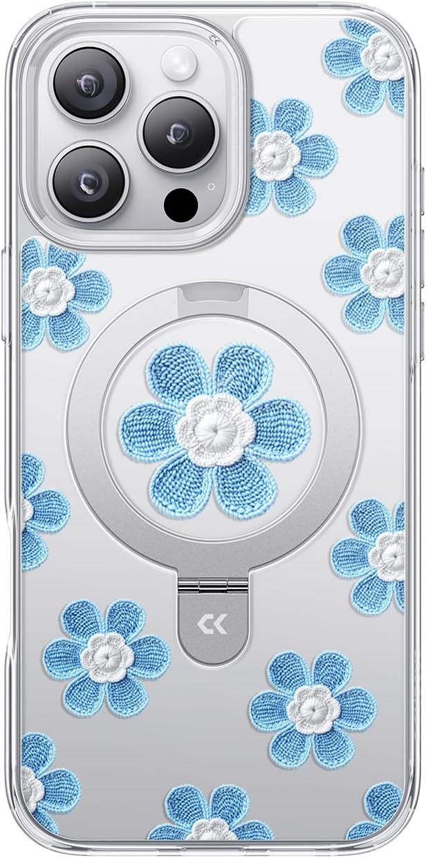 CASEKOO Floral Series Blue Flowers for iPhone 16 Pro Case with Magnetic Ring Stand [Compatible with MagSafe] [Military-Grade Protection] Fashion Clear Back, Soft Edge, for Women