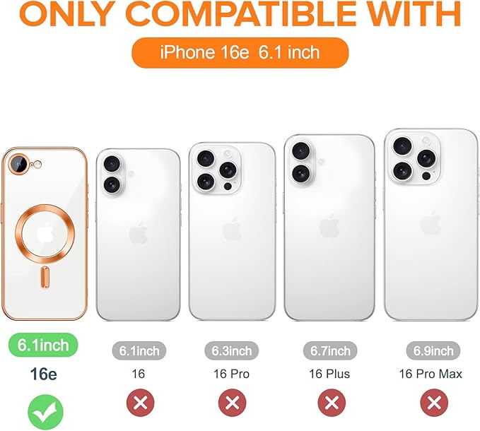 Hython Magnetic Clear for iPhone 16e Case with Camera Lens Protector [Compatible with MagSafe] Luxury Plating Edge Slim Soft TPU Cover Protective Phone Case for iPhone 16e 6.1", Orange