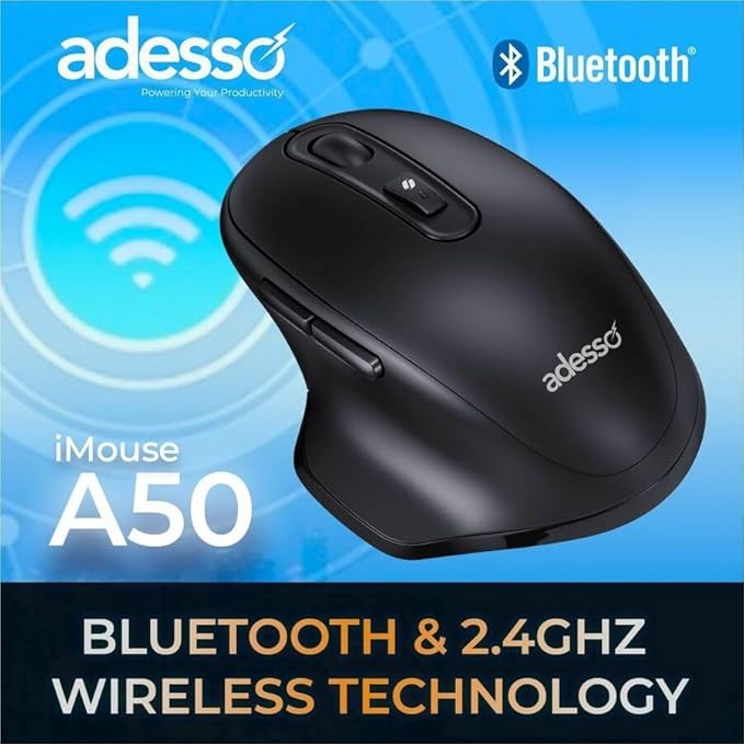 Adesso iMouse A50 Ergonomic Wireless Mouse, Bluetooth and 2.4GHz Dual Mode with USB-C Receiver, Copilot AI Hotkey, 3 Level DPI (1000/1600/2400), 6 Buttons, Right Hand Design for Windows